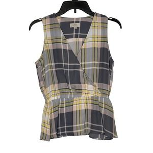 Loft Women Tank Top Semi Sheer V-Neck‎ Plaid Peplum Surplice Wrap Multicolor XS